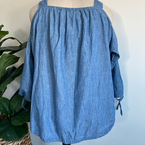 MADEWELL linen cotton blend chambray denim blue top cold shoulder 3/4 sleeves - Picture 4 of 10